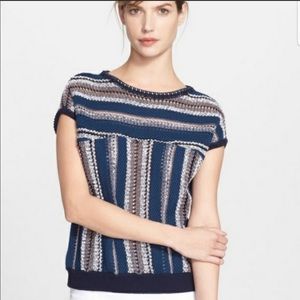 ❤️Tory Burch NWT Blue Abstract Stripe Short Sleeve Cotton & Linen Sweater.  Sz L